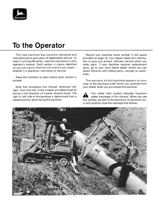 JOHN DEERE 9300 BACKHOE OPERATOR MANUAL OMT42370