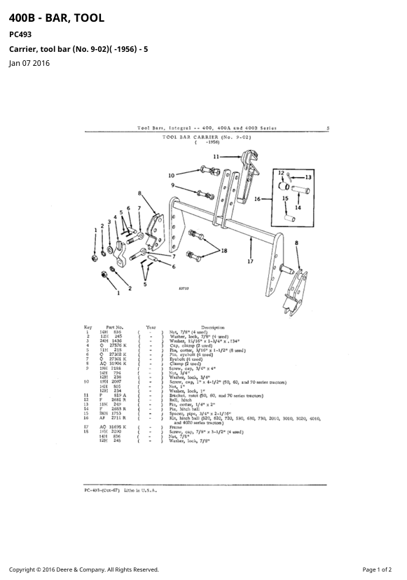 JOHN DEERE 400, 400A AND 400B SERIES INTEGRAL TOOL BAR PARTS CATALOGUE MANUAL PC493