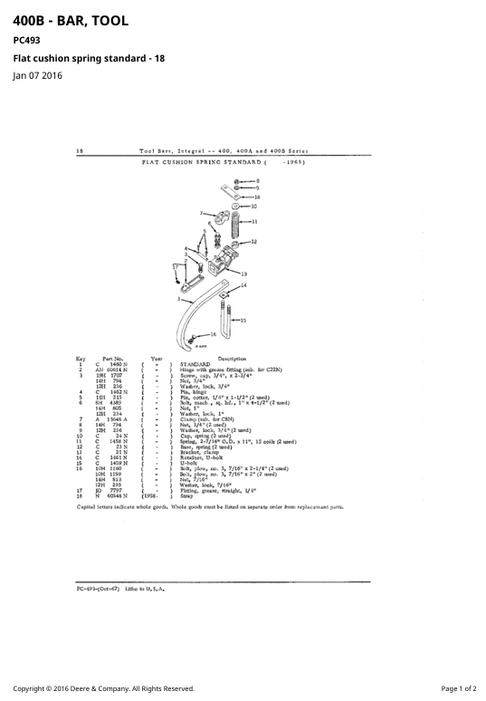 JOHN DEERE 400, 400A AND 400B SERIES INTEGRAL TOOL BAR PARTS CATALOGUE MANUAL PC493