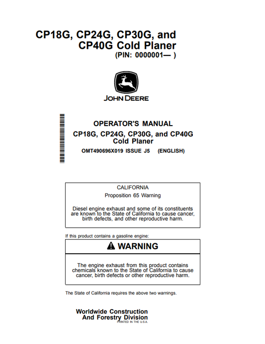 JOHN DEERE CP18G, CP24G, CP30G AND CP40G COLD PLANER OPERATOR MANUAL OMT490696X019