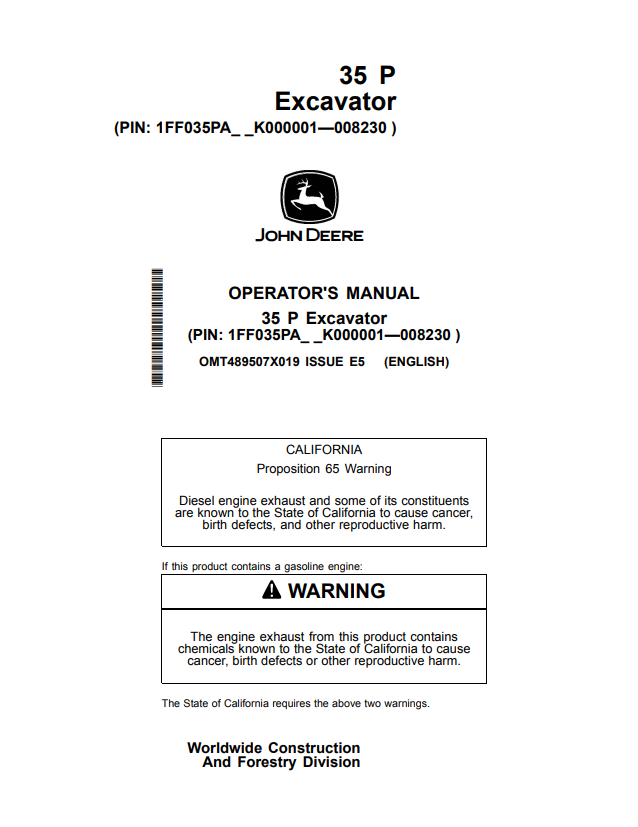 JOHN DEERE 35 P EXCAVATOR OPERATOR MANUAL OMT489507X019