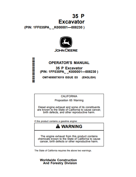 JOHN DEERE 35 P EXCAVATOR OPERATOR MANUAL OMT489507X019