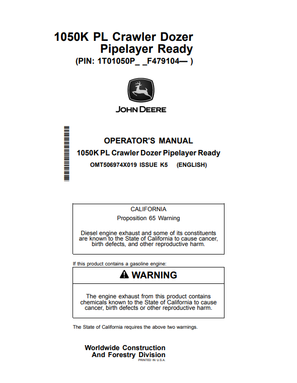 JOHN DEERE 1050K PL CRAWLER DOZER PIPELAYER READY OPERATOR MANUAL OMT506974X019