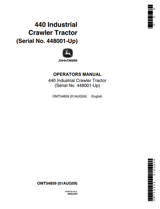 JOHN DEERE 440 INDUSTRIAL CRAWLER TRACTOR OPERATOR MANUAL OMT54859