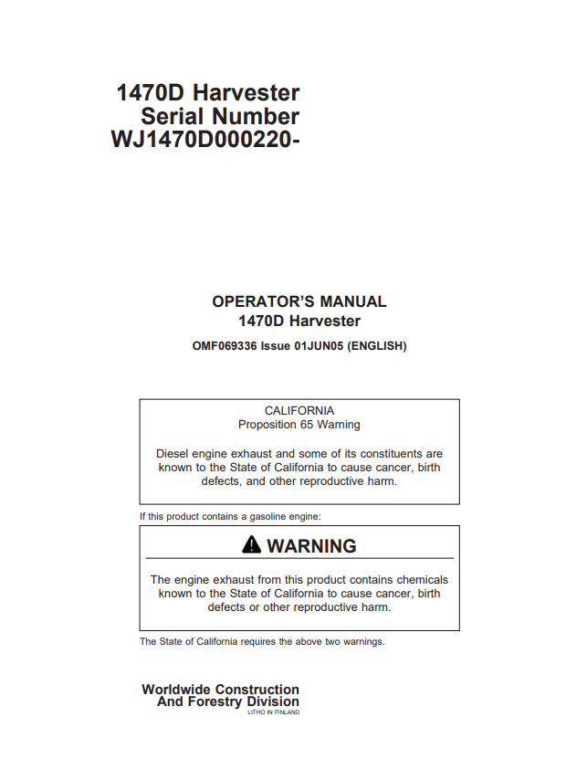 JOHN DEERE 1470D HARVESTER OPERATOR MANUAL OMF069336