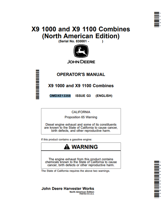 JOHN DEERE X9 1000 AND X9 1100 COMBINE OPERATOR MANUAL OMDXE13358
