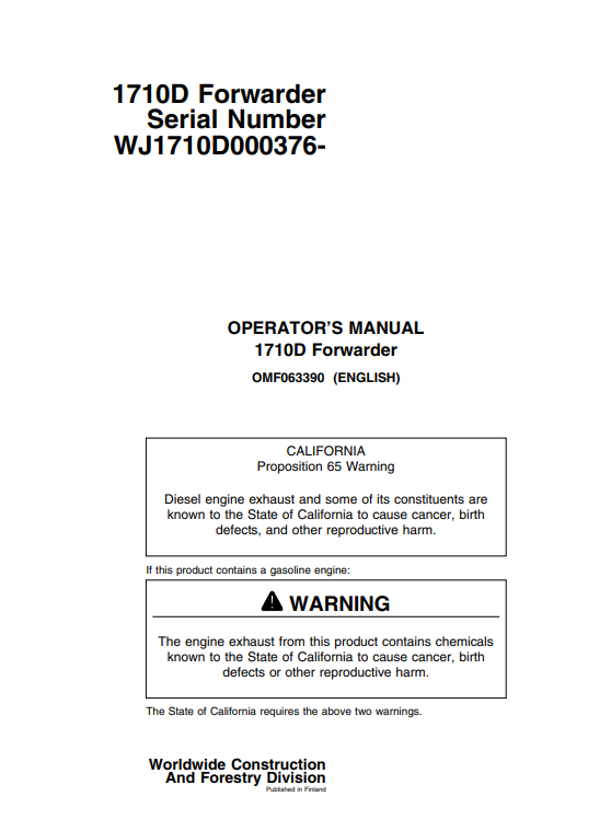 JOHN DEERE 1710D FORWARDER OPERATOR MANUAL OMF063390