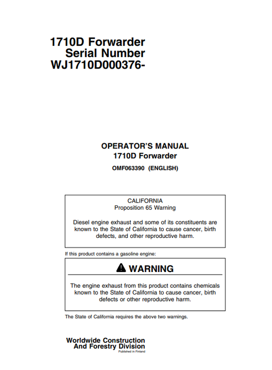 JOHN DEERE 1710D FORWARDER OPERATOR MANUAL OMF063390
