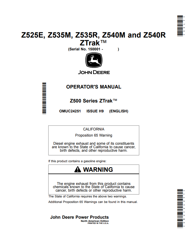 JOHN DEERE Z525E, Z535M, Z535R, Z540M AND Z540R Z500 SERIES ZTRAK™ OPERATOR MANUAL OMUC24251