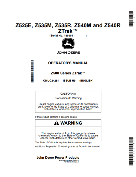 JOHN DEERE Z525E, Z535M, Z535R, Z540M AND Z540R Z500 SERIES ZTRAK™ OPERATOR MANUAL OMUC24251