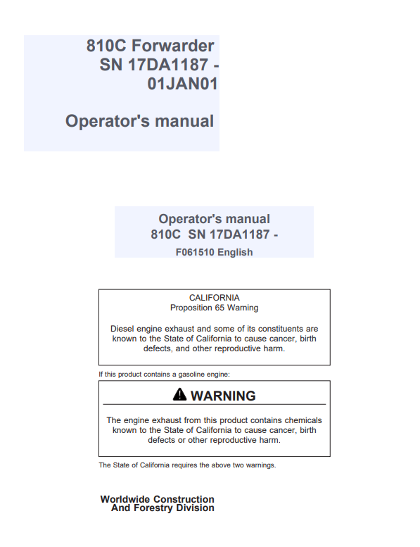 JOHN DEERE 810C FORWARDER OPERATOR MANUAL F061510