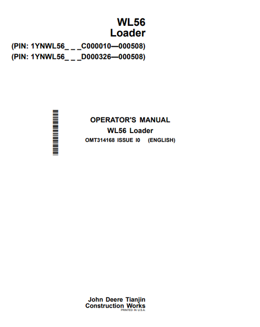 JOHN DEERE WL56 LOADER OPERATOR MANUAL OMT314168