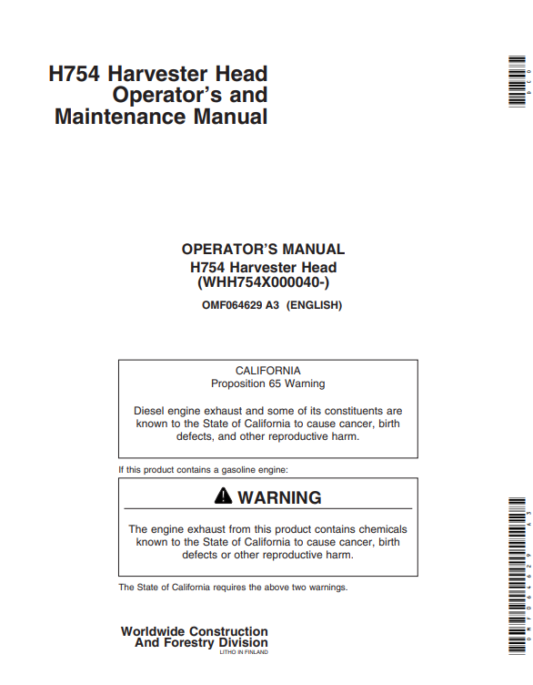 JOHN DEERE H754 HARVESTER HEAD OPERATOR AND MAINTENANCE MANUAL OMF064629