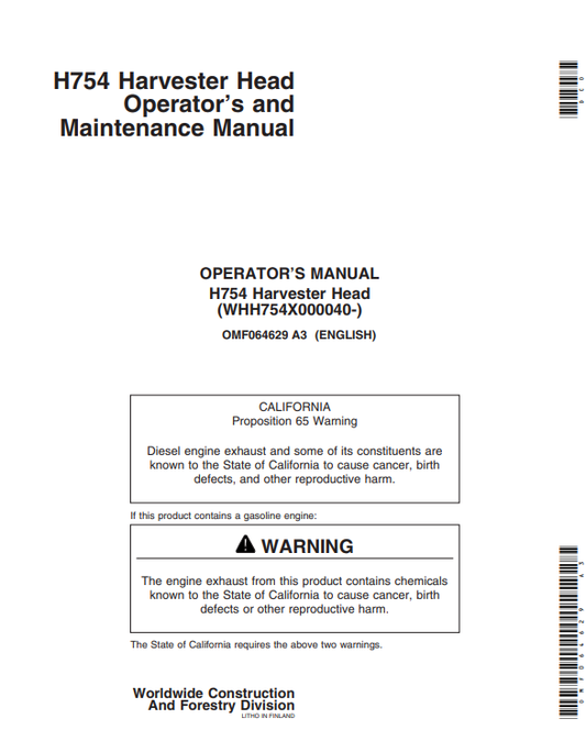 JOHN DEERE H754 HARVESTER HEAD OPERATOR AND MAINTENANCE MANUAL OMF064629