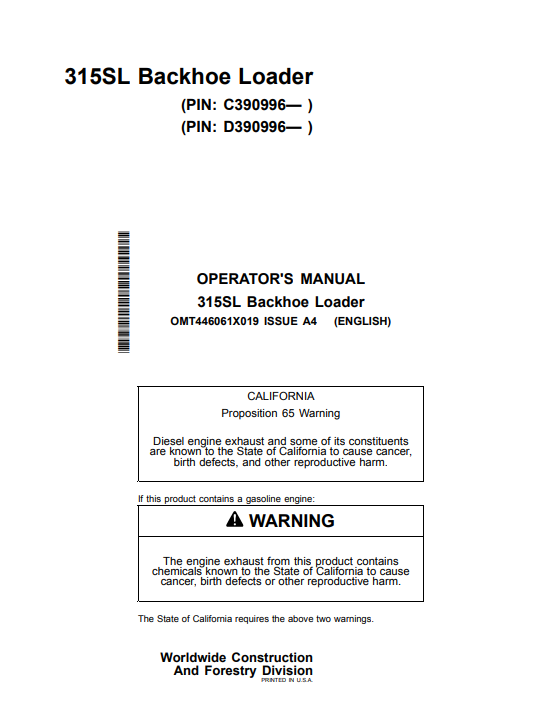 JOHN DEERE 315SL BACKHOE LOADER OPERATOR MANUAL OMT446061X019