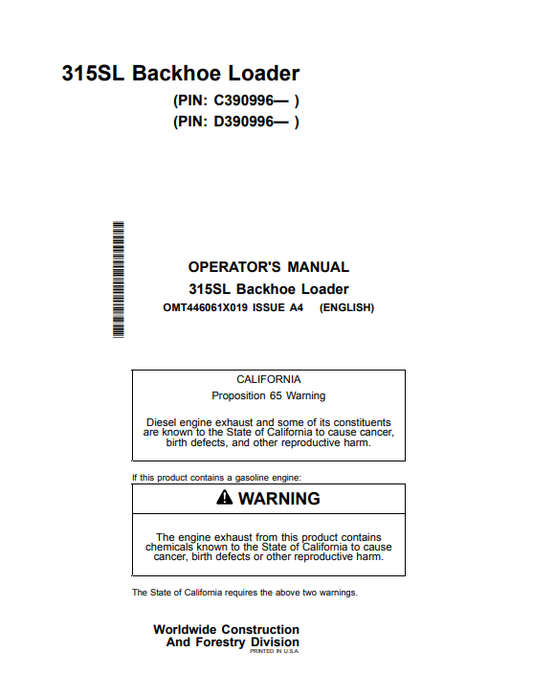 JOHN DEERE 315SL BACKHOE LOADER OPERATOR MANUAL OMT446061X019