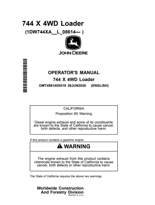 JOHN DEERE 744 X 4WD LOADER OPERATOR MANUAL OMT498145X019