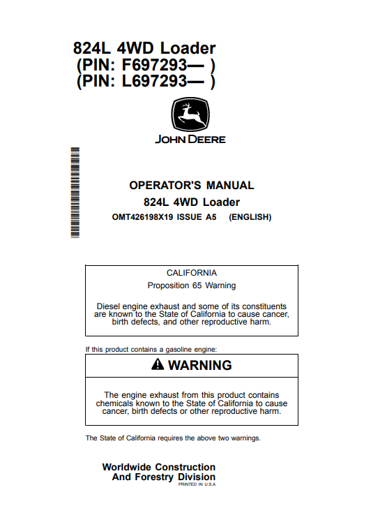 JOHN DEERE 824L 4WD LOADER OPERATOR MANUAL OMT426198X19