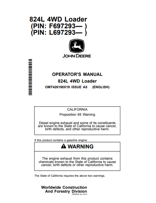 JOHN DEERE 824L 4WD LOADER OPERATOR MANUAL OMT426198X19