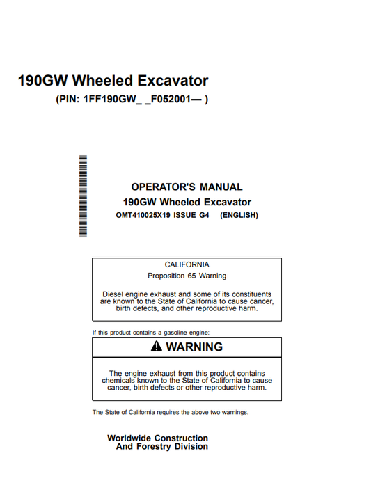 JOHN DEERE 190GW WHEELED EXCAVATOR OPERATOR MANUAL OMT410025X19