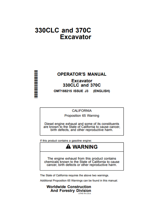 JOHN DEERE 330CLC AND 370C EXCAVATOR OPERATOR MANUAL OMT188215
