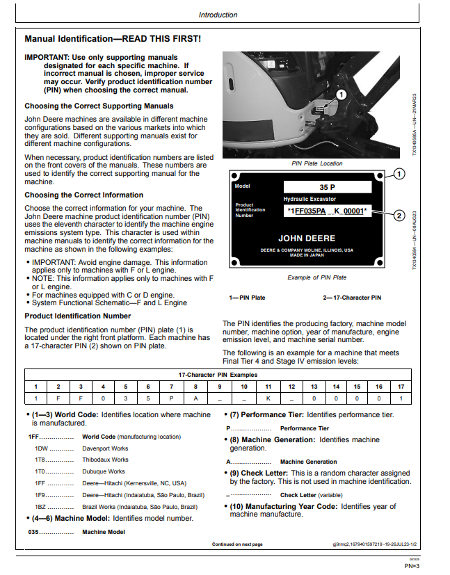 JOHN DEERE 35 P EXCAVATOR OPERATOR MANUAL OMT489507X019