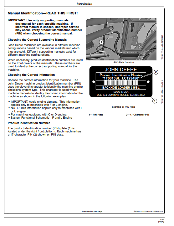 JOHN DEERE 315SL BACKHOE LOADER OPERATOR MANUAL OMT446061X019