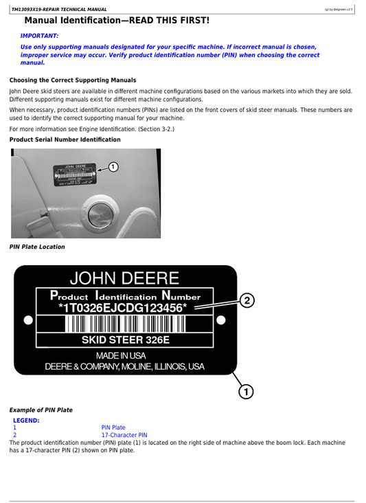 JOHN DEERE 326E SKID STEER LOADER WITH EH CONTROL REPAIR MANUAL TM13093X19