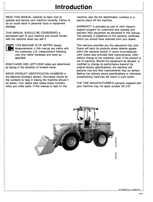 JOHN DEERE 444E LOADER OPERATOR MANUAL OMAT123458