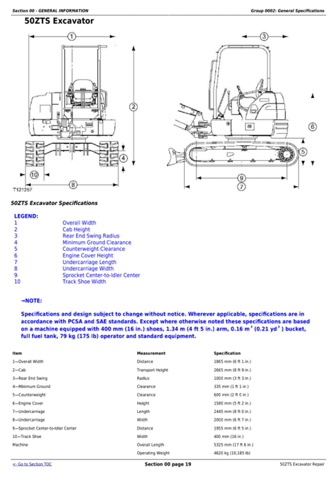 JOHN DEERE 50ZTS EXCAVATOR REPAIR TECHNICAL MANUAL TM1818
