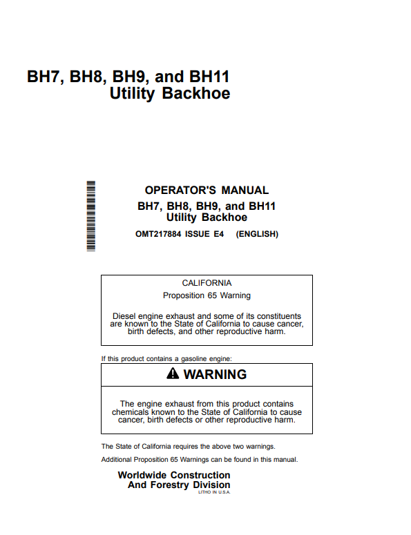 JOHN DEERE BH7, BH8, BH9, AND BH11 UTILITY BACKHOE OPERATOR MANUAL OMT217884
