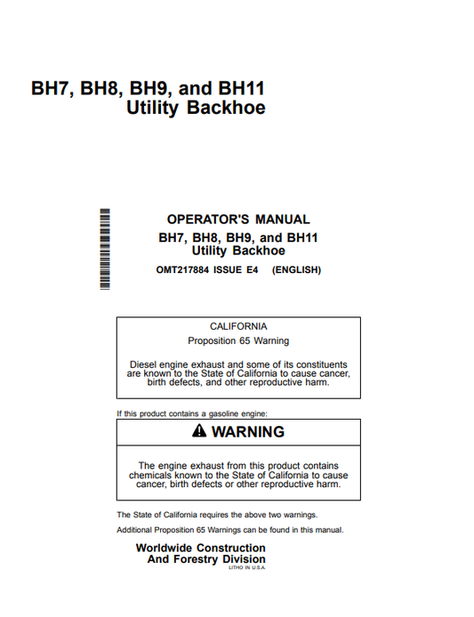 JOHN DEERE BH7, BH8, BH9, AND BH11 UTILITY BACKHOE OPERATOR MANUAL OMT217884