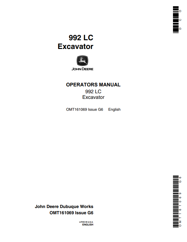 JOHN DEERE 992 LC EXCAVATOR OPERATOR MANUAL OMT161069