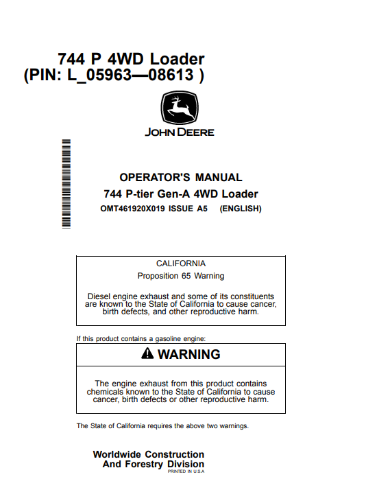 JOHN DEERE 744 P-TIER GEN-A 4WD LOADER OPERATOR MANUAL OMT461920X019