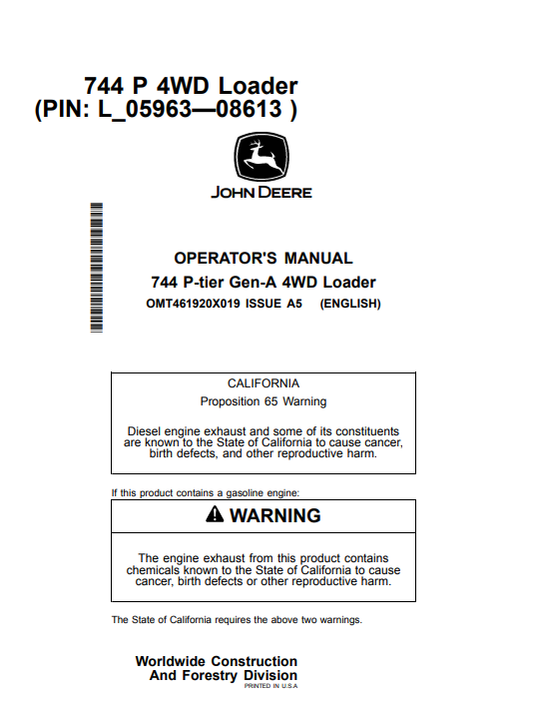 JOHN DEERE 744 P-TIER GEN-A 4WD LOADER OPERATOR MANUAL OMT461920X019