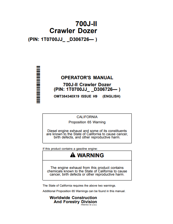 JOHN DEERE 700J-II CRAWLER DOZER OPERATOR MANUAL OMT384340X19