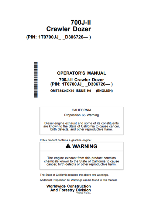 JOHN DEERE 700J-II CRAWLER DOZER OPERATOR MANUAL OMT384340X19