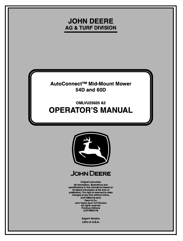 JOHN DEERE 54D, 62 MID MOUNT MOWER OPERATOR MANUAL OMLVU25620