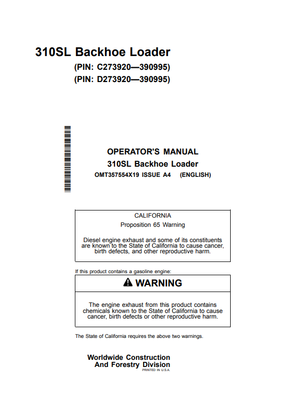 JOHN DEERE 310SL BACKHOE LOADER OPERATOR MANUAL OMT357554X19