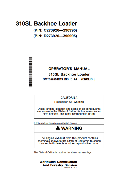 JOHN DEERE 310SL BACKHOE LOADER OPERATOR MANUAL OMT357554X19