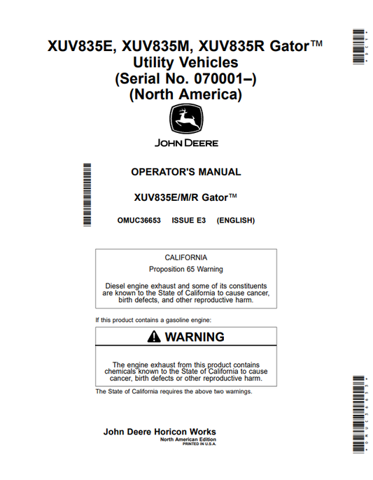 JOHN DEERE XUV835E, XUV835M, XUV835R GATOR™ UTILITY VEHICLES OPERATOR MANUAL OMUC36653