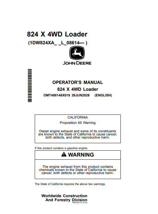 JOHN DEERE 824 X 4WD LOADER OPERATOR MANUAL OMT498146X019