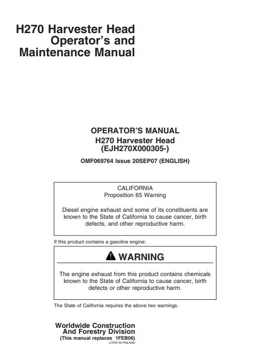 JOHN DEERE H720 HARVESTER HEAD OPERATOR AND MAINTENANCE MANUAL OMF069764