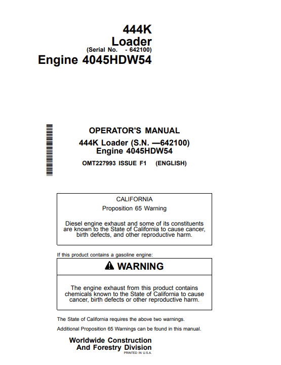 JOHN DEERE 444K LOADER OPERATOR MANUAL OMT227993
