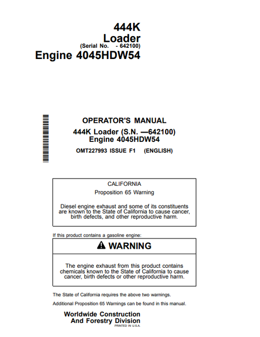 JOHN DEERE 444K LOADER OPERATOR MANUAL OMT227993