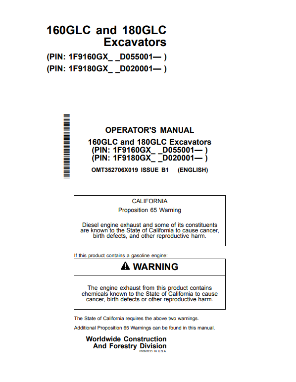 JOHN DEERE 160GLC AND 180GLC EXCAVATOR OPERATOR MANUAL OMT352706X019
