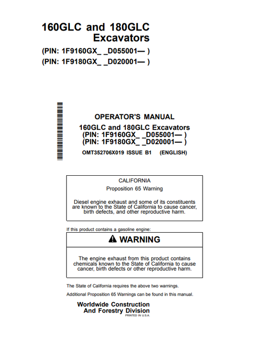 JOHN DEERE 160GLC AND 180GLC EXCAVATOR OPERATOR MANUAL OMT352706X019