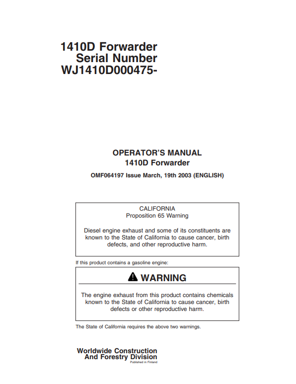JOHN DEERE 1410D FORWARDER OPERATOR MANUAL OMF064197