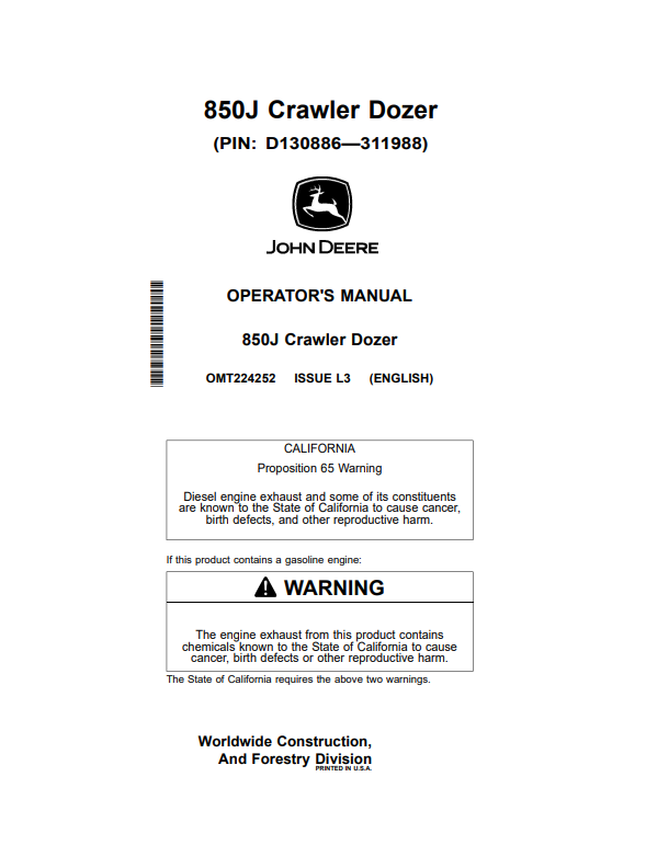 JOHN DEERE 850J CRAWLER DOZER OPERATOR MANUAL OMT224252