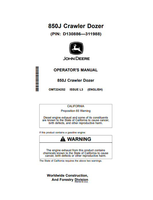JOHN DEERE 850J CRAWLER DOZER OPERATOR MANUAL OMT224252